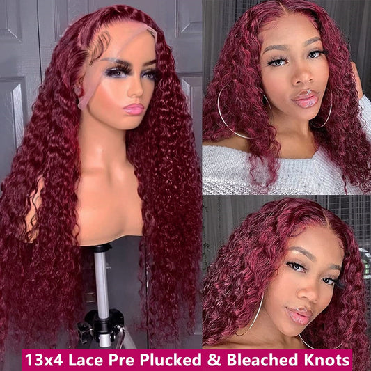 Deep Wave 99J Burgundy 13x4 Lace Front Human Hair Red Wigs