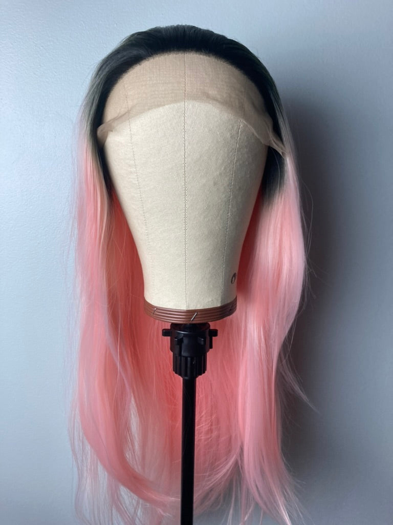 Long Straight Black Roots-Pink Lace Front Wig