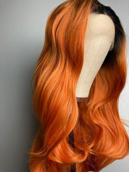 13×4 Lace Front Wigs Ombre Ginger Orange With Black Roots Cooper Hair Color Ginger Color  Wavy Wigs Orange Lace Front Wig Orange Ombré Dark Rooted Orange Cooper Hair Wigs Ginger Spice Color Hair