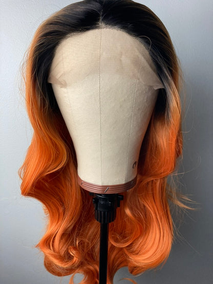 13×4 Lace Front Wigs Ombre Ginger Orange With Black Roots Cooper Hair Color Ginger Color  Wavy Wigs Orange Lace Front Wig Orange Ombré Dark Rooted Orange Cooper Hair Wigs Ginger Spice Color Hair