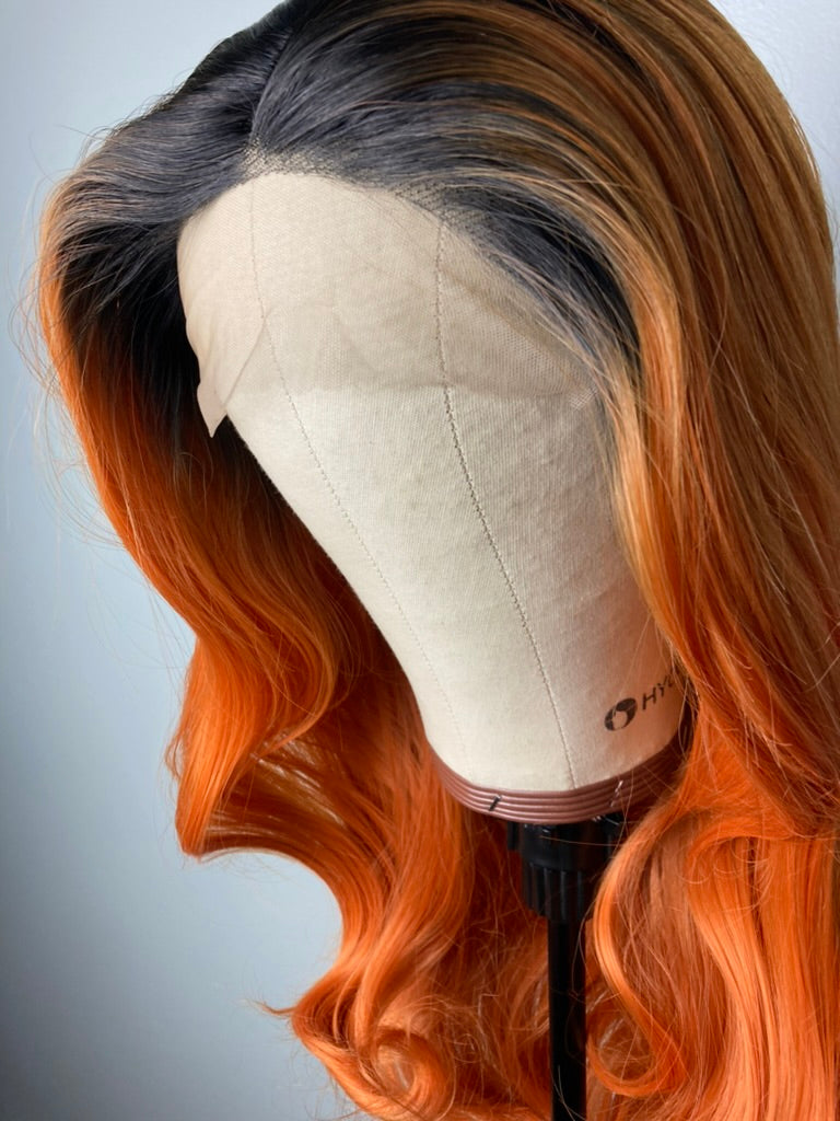 Wowfactor straight celebrity orange copper black root h.d lace front top wig