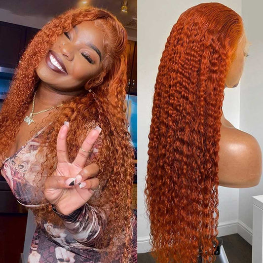34Inch Deep Wave Lace Front Wig Red Colored Curly Human Hair Wig 13x4 13x6 HD Lace Frontal Wig