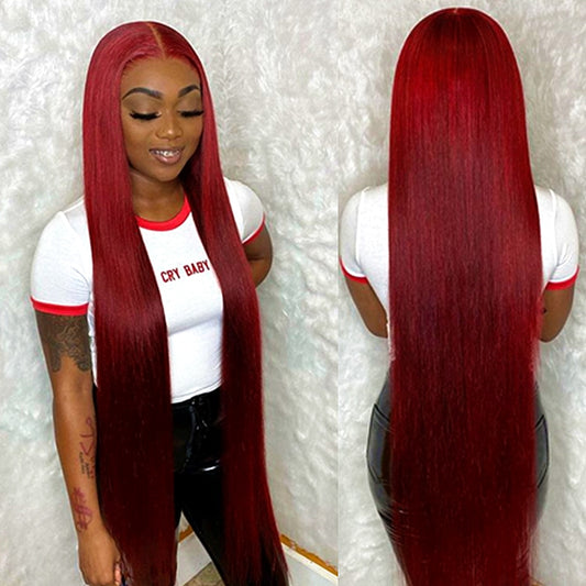 99J Burgundy Straight HD Transparent Human Hair Lace Front Wig For Women