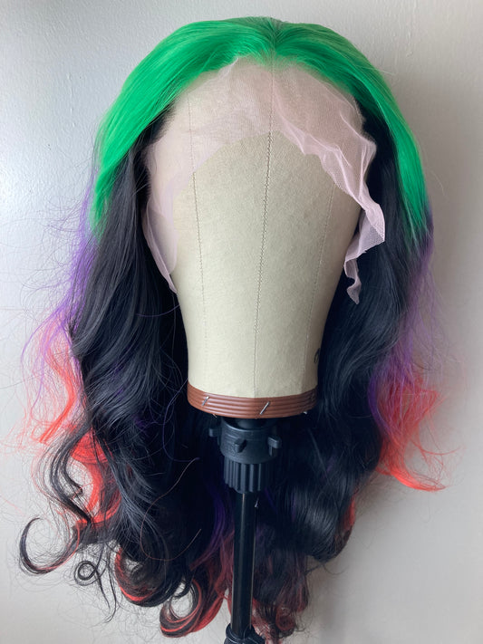 Green Purple Red Hair ,Rainbow Long Wave Lace Front Wig For Women Costume Halloween Cosplay Party Drag Queen