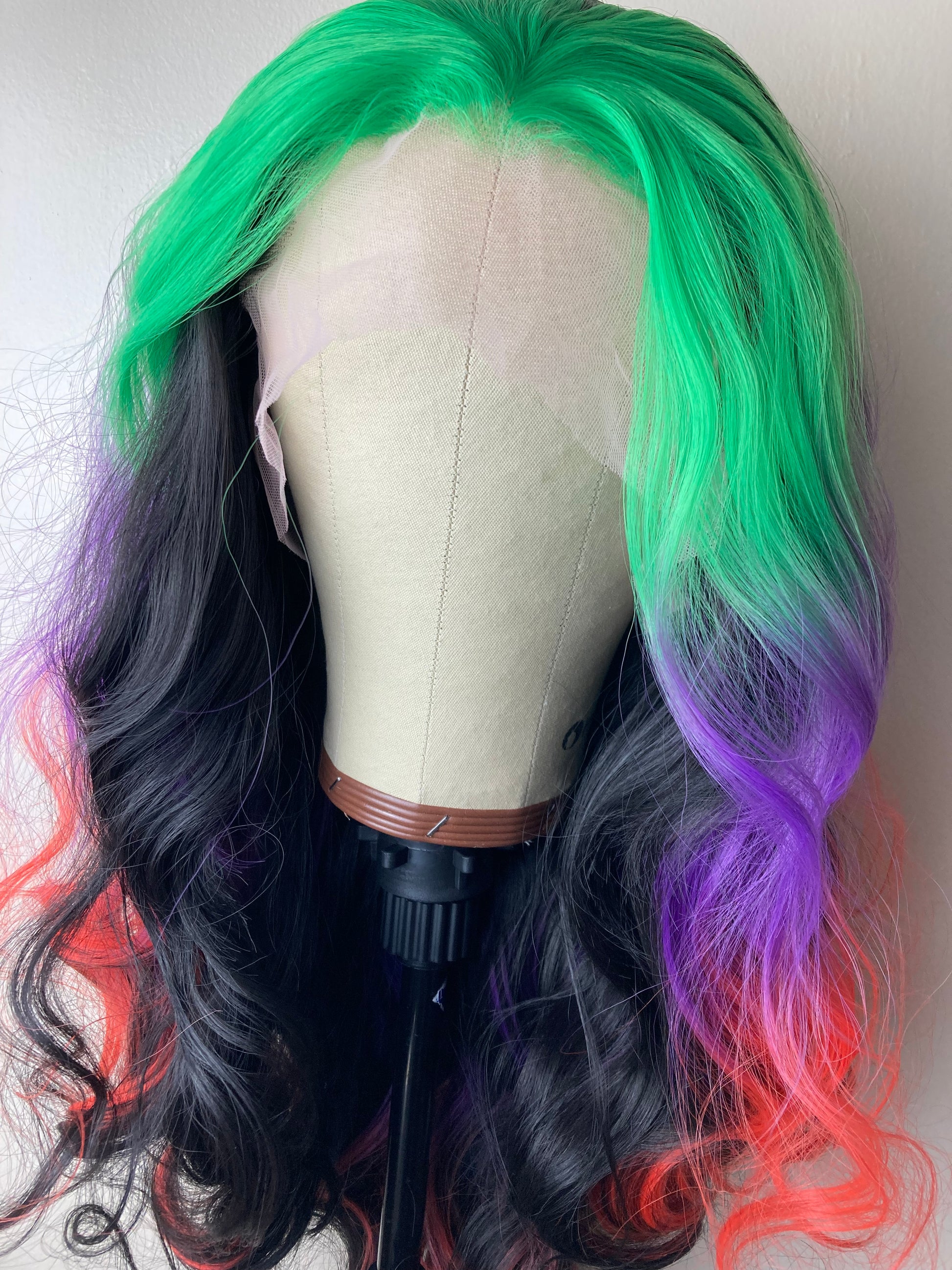 Green Purple Red Hair ,Rainbow Long Wave Lace Front Wig For Women Costume Halloween Cosplay Party Drag Queen