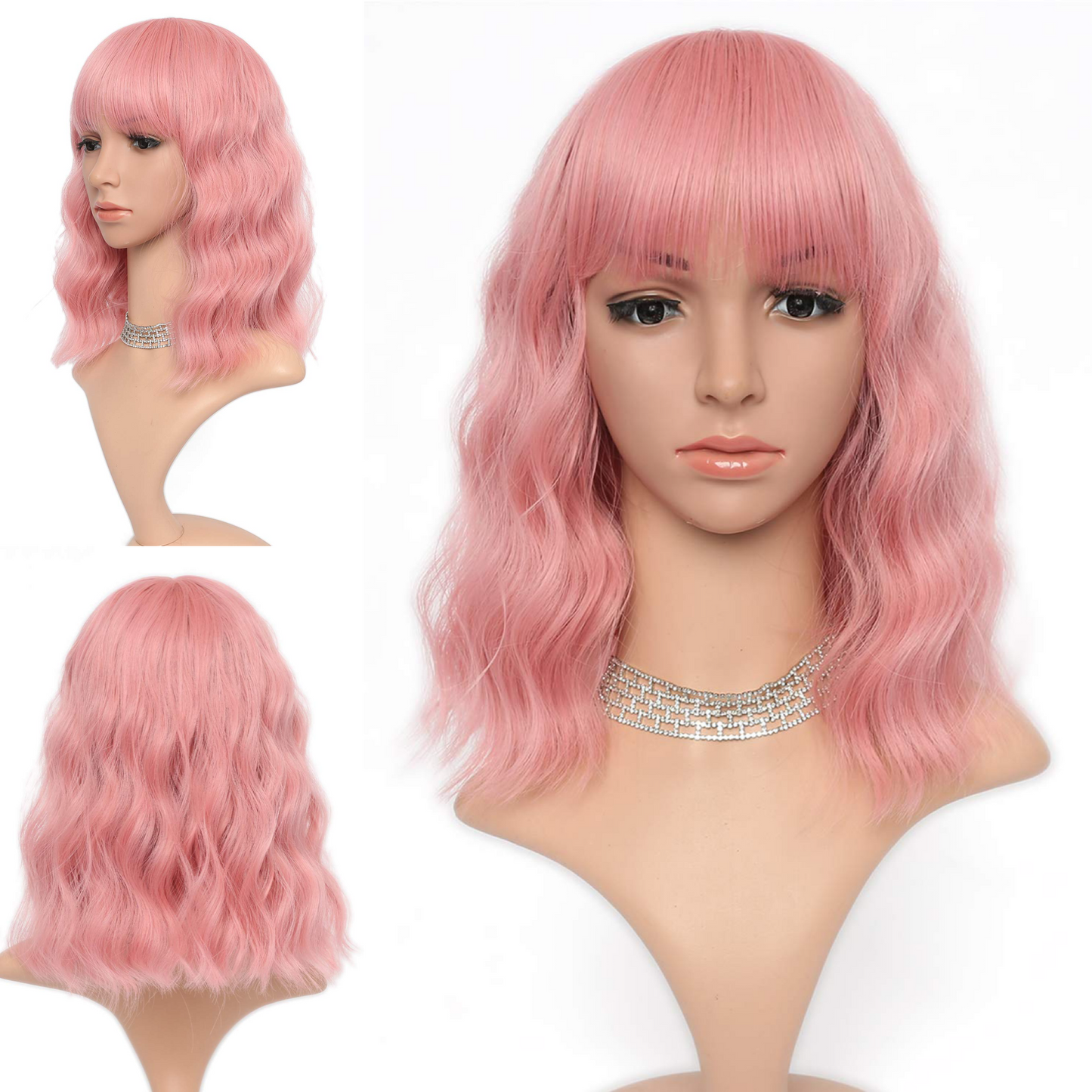 Short Wavy Pink Wig With Air Bangs