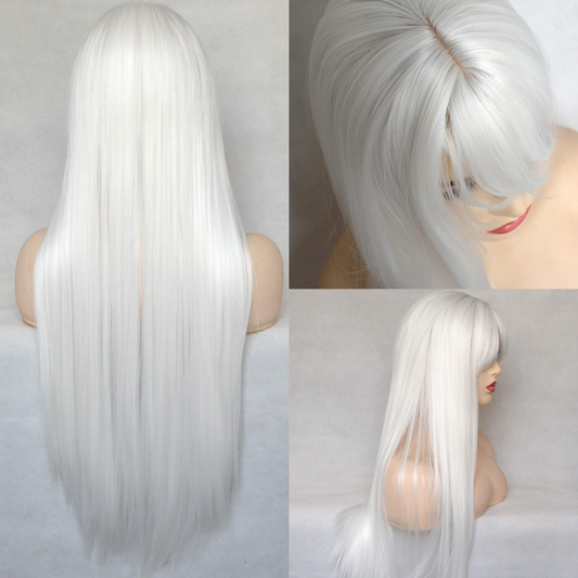 Long Straight White Full Wigs With Bangs