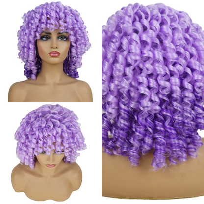 Purple Short Curly Wigs With Bangs