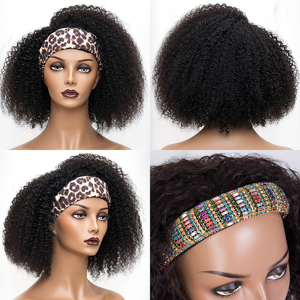 Afro Kinky Curly Bob Headband Human Hair Wig