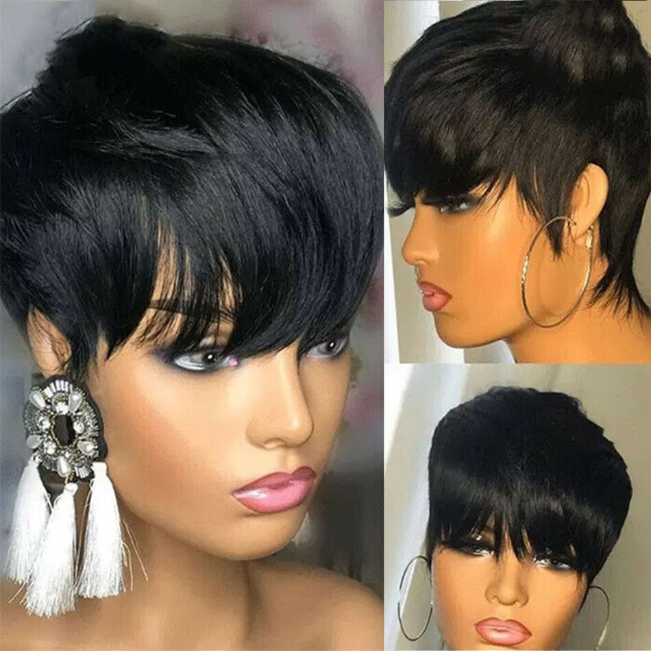 Human Hair Short Wigs Pixie Cut Wigs with Bangs Short Black Layered Wavy Wigs for Women 1B Color