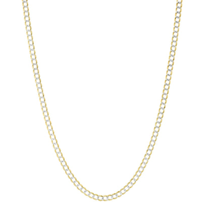 14K Yellow Gold 3MM Solid Cuban Curb Link Two-Tone Pave Chain