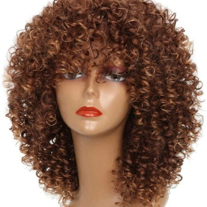 BROWN Short Kinky Curly Wig with Bangs
