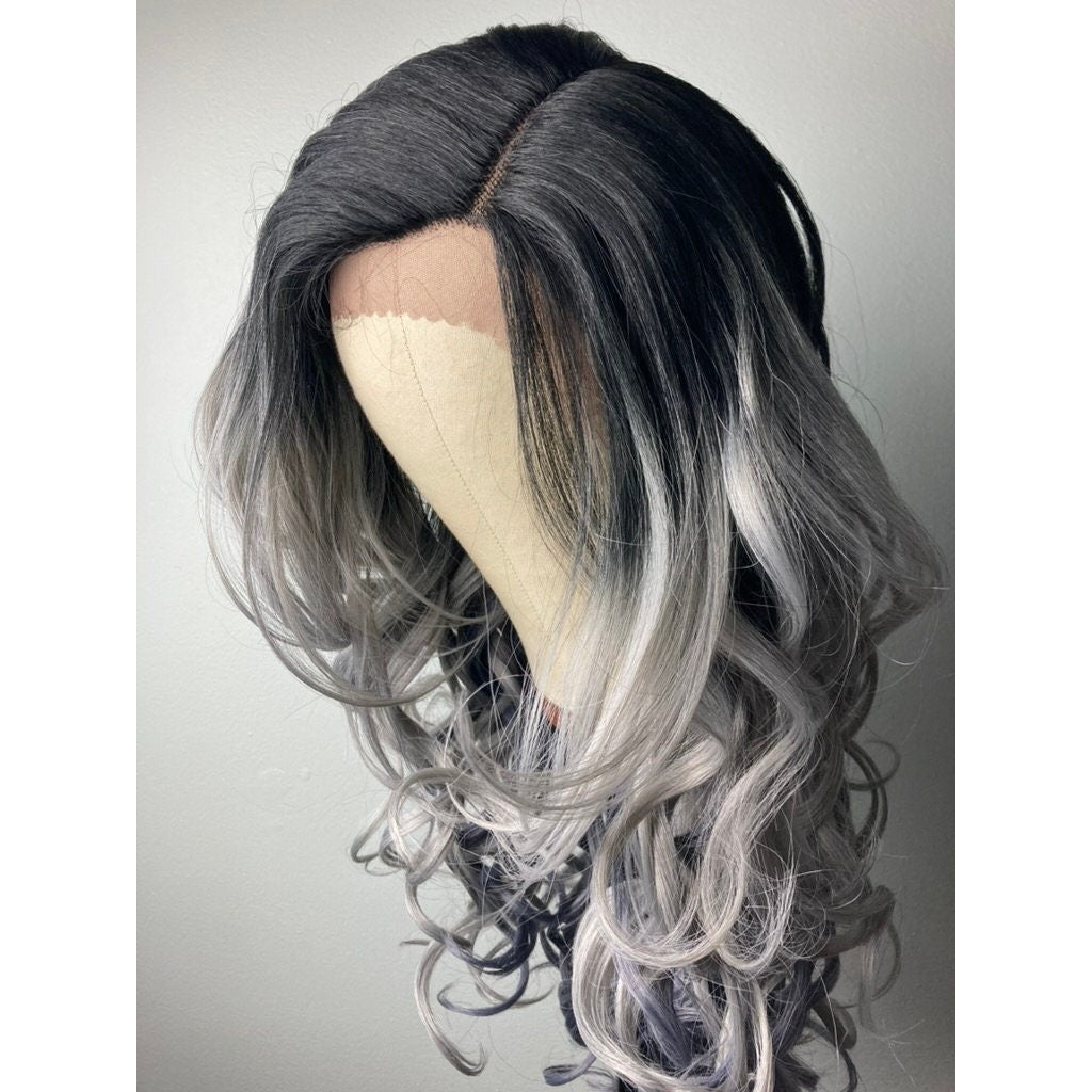 Ombré Gray Lace Front Wig For Women,Grey Wigs,Silver Gray Wigs,Wavy Curly Wigs ,Lace Front Wig ,Silver Gray Curly Lace Wig,Black Gray Wig