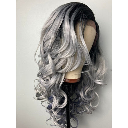 Ombré Gray Lace Front Wig For Women,Grey Wigs,Silver Gray Wigs,Wavy Curly Wigs ,Lace Front Wig ,Silver Gray Curly Lace Wig,Black Gray Wig