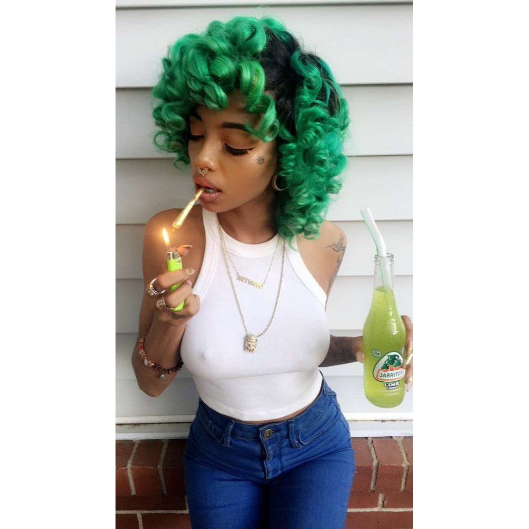Short Bob Afro Curly Black and Green Wig With Bangs