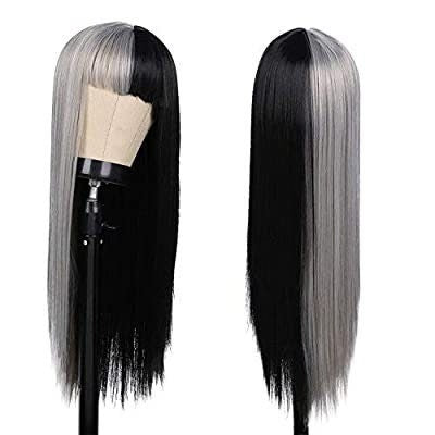 Half Grey Half Black Long Straight Wig With Bangs