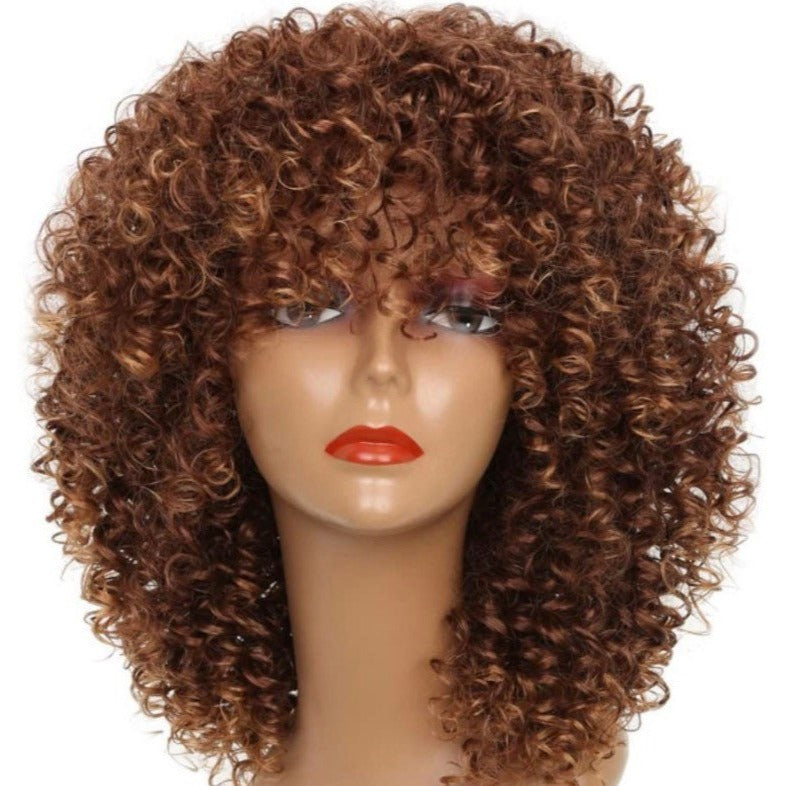 BROWN Short Kinky Curly Wig with Bangs