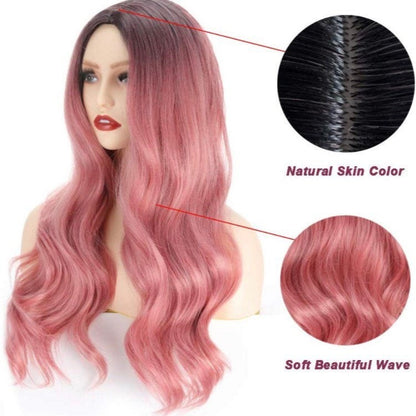 Black Root Pink Long Curly Wig