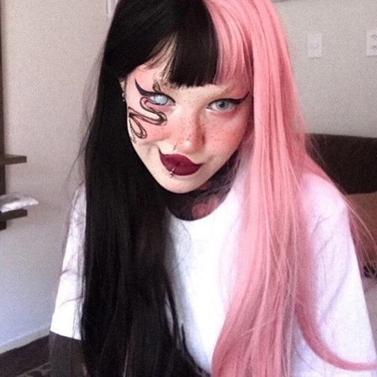 SPILT DYE Half Black Half Pink Long Straight Wigs