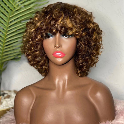 99J Curly Short Bob Human Hair Wigs with Bangs