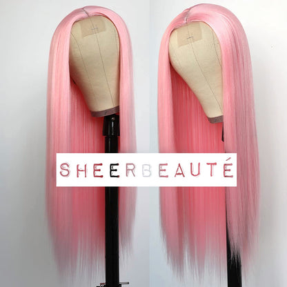 Long Straight T Part Lace Front Wig-Pink Wigs