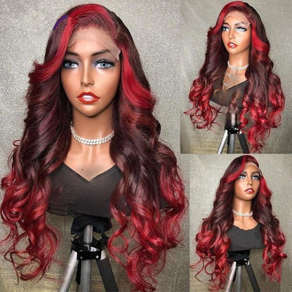 Ombre Red Burgundy 99J 13X4 Lace Front Human Hair Wigs