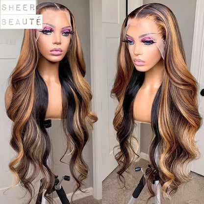 30 Inch Full T Part Honey Blonde Wavy Lace Front Human Hair Wig