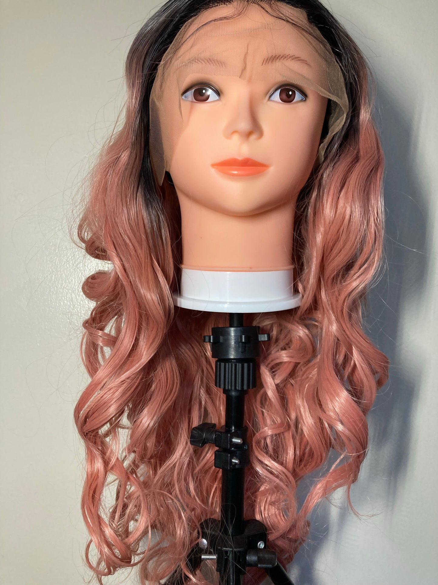 Black Root Wavy Pink Lace Front Wig