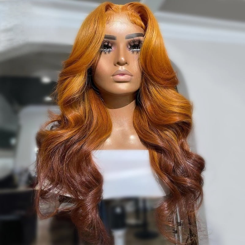 5x5 10A Body Wave Ombre Orange Brown Color Lace Closure Human Hair Wigs