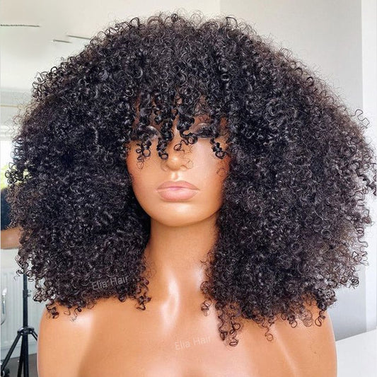 Afro Curly  Blonde Human Hair Wigs With Bangs