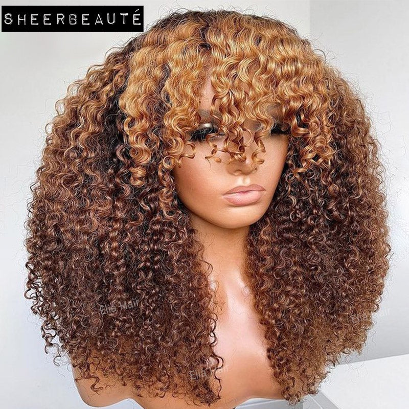 Afro Curly  Blonde Human Hair Wigs With Bangs
