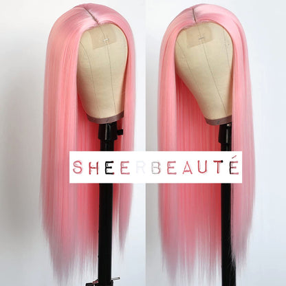 Long Straight T Part Lace Front Wig-Pink Wigs