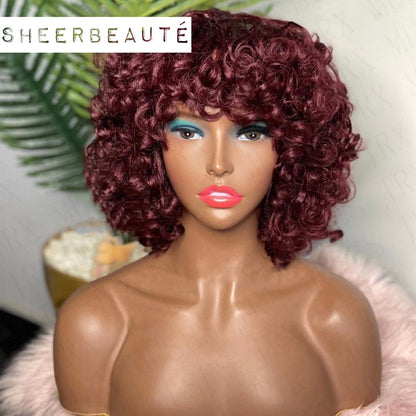 99J Curly Short Bob Human Hair Wigs with Bangs