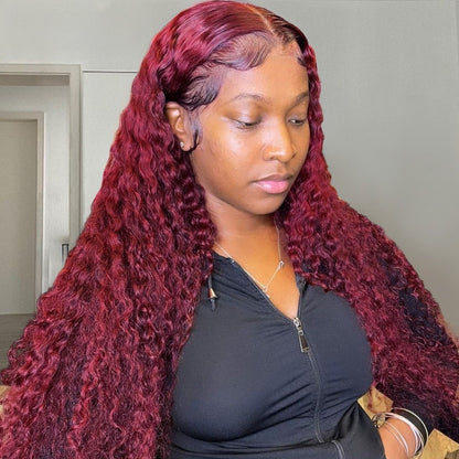 Long Curly 99J Burgundy 13x4 Transparent Lace Human Hair|4x4Closure Wig