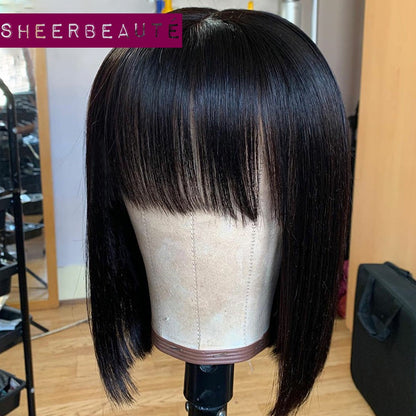 Natural Black Brazilian Straight Bob Human hair Wigs With Bangs