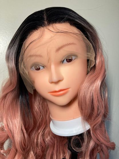 Black Root Wavy Pink Lace Front Wig