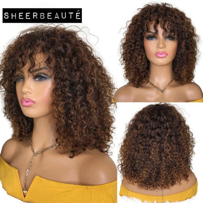 Bob Curly Highlight Brown Colored Brazilian Human Hair Wigs with Bangs