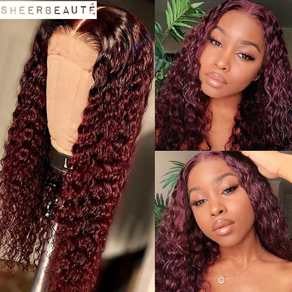 Long Curly 99J Burgundy 13x4 Transparent Lace Human Hair|4x4Closure Wig