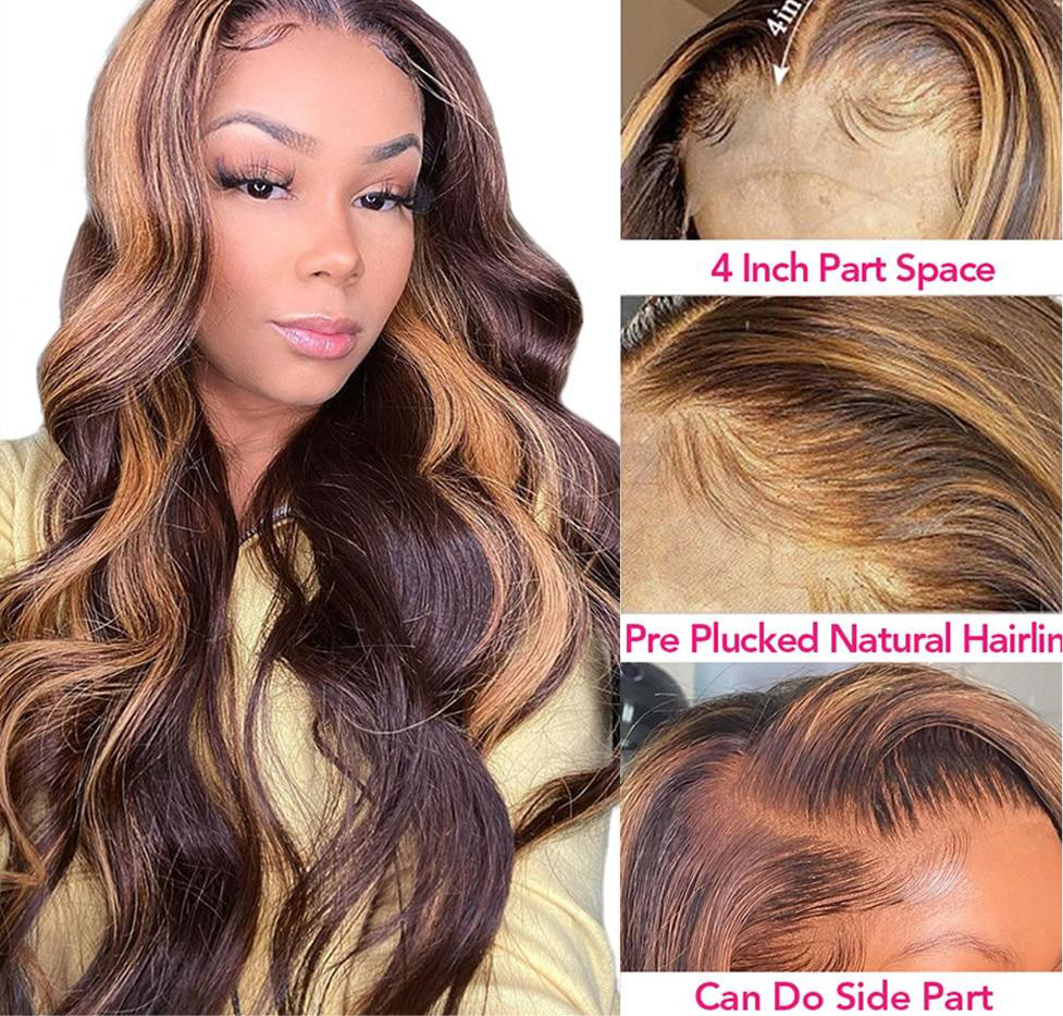 13x4 Brown Highlight Body Wave  Lace Front Pre Plucked Hair Wig