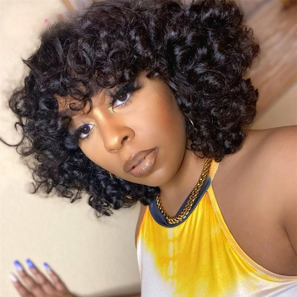 99J Curly Short Bob Human Hair Wigs with Bangs