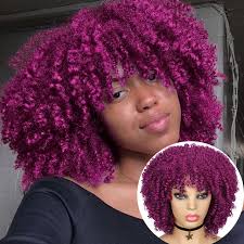 Afro Kinky Curly Purple Full Wigs With Bangs