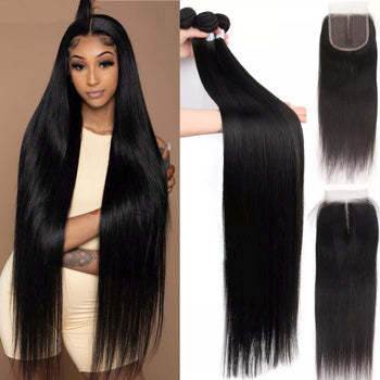 Bone Straight Brazilian Human Hair Bundle|40'' 40'' 40'' With 24''Closure