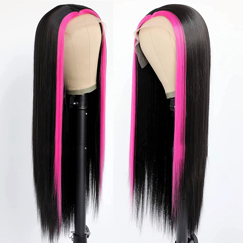 Black wig With Hot Pink Streaks Lace Wigs Sheer Beaut Jewelry