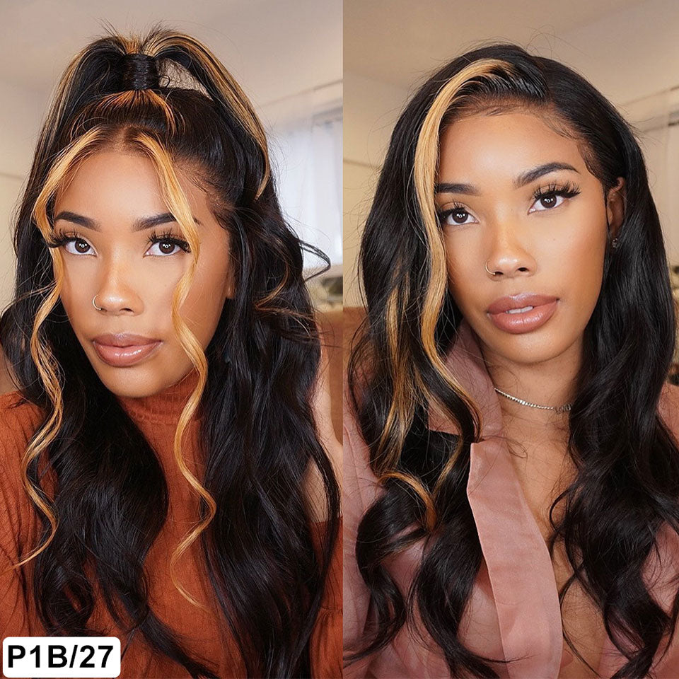 Ombre Lace Front Wig Human Hair 200%Density Blonde Highlight Wig Human Hair Pre Plucked 4/27 Highlight Lace Front Wigs Human Hair 13x4 HD Lace Brown Highlighted Wig Body Wave