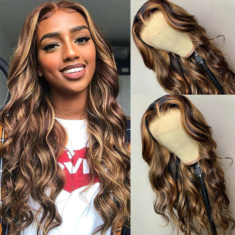 Ombre Lace Front Wig Human Hair 200%Density Blonde Highlight Wig Human Hair Pre Plucked 4/27 Highlight Lace Front Wigs Human Hair 13x4 HD Lace Brown Highlighted Wig Body Wave