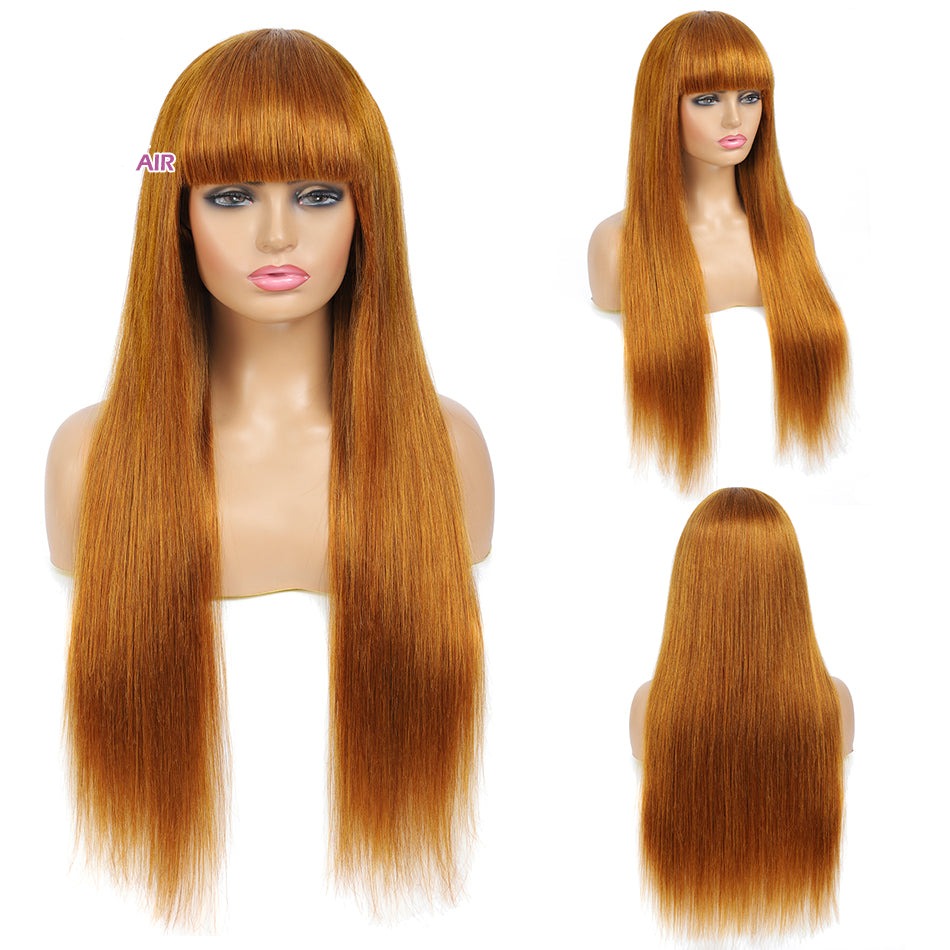 Straight Red-Blonde-Black Brazilian Human Hair Wig With Bangs