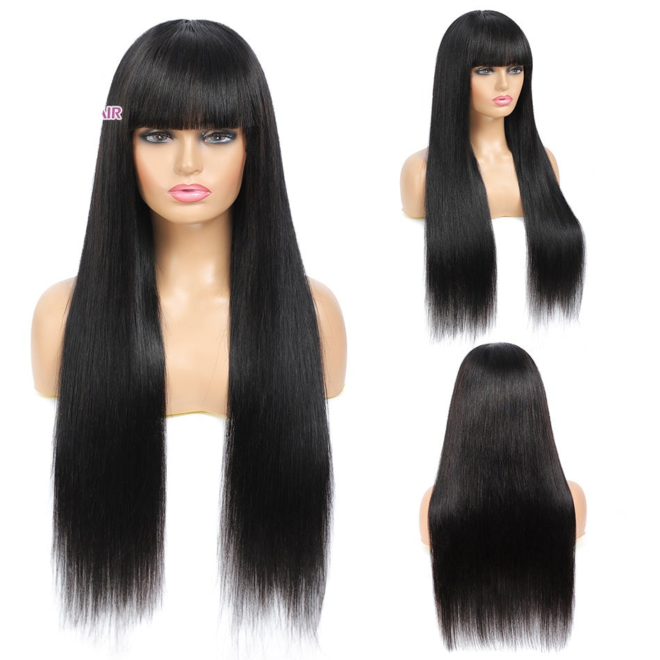 Straight Red-Blonde-Black Brazilian Human Hair Wig With Bangs