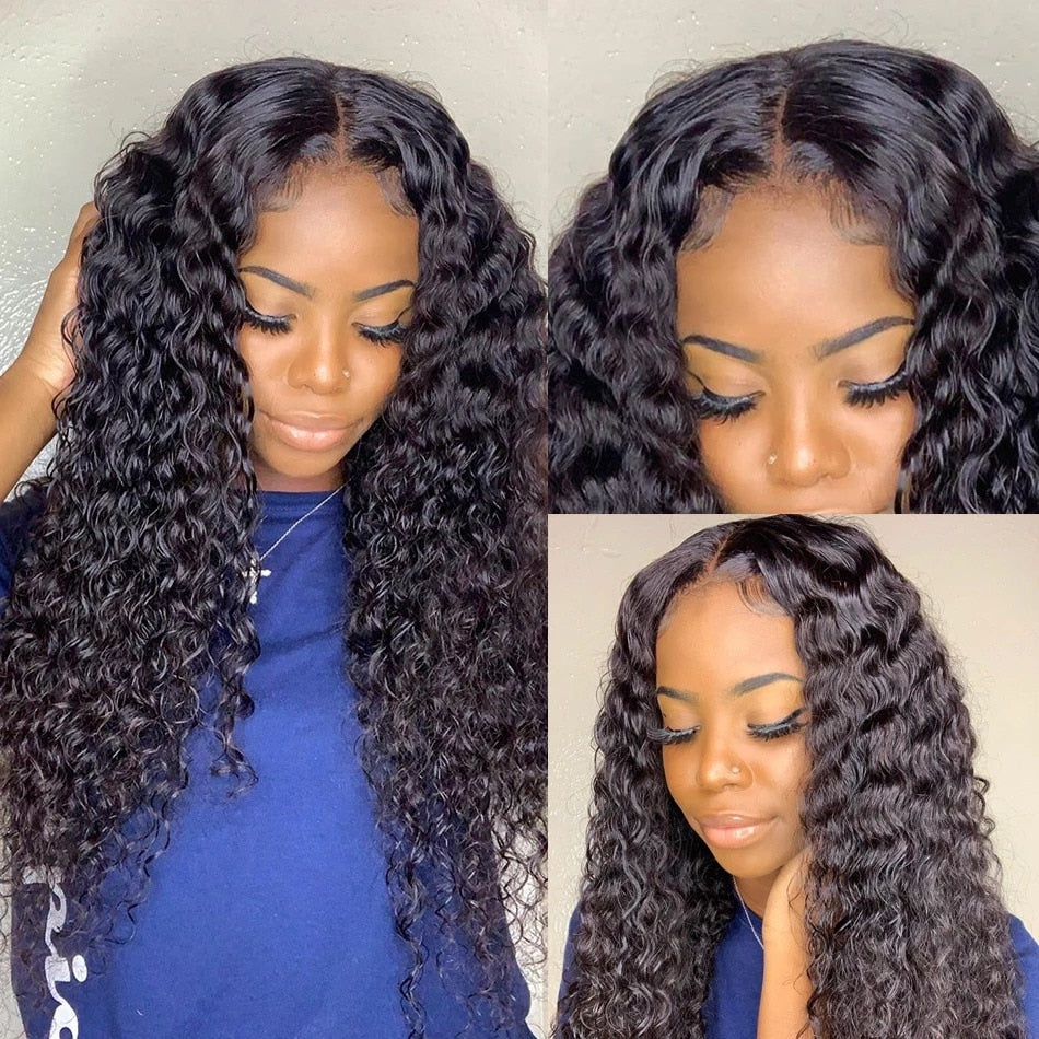 30 32 Inch Deep Wave Curly Human Hair Lace Frontal Wigs
