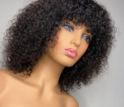 Honey Blonde Jerry Curly Human Hair Wigs with Bangs