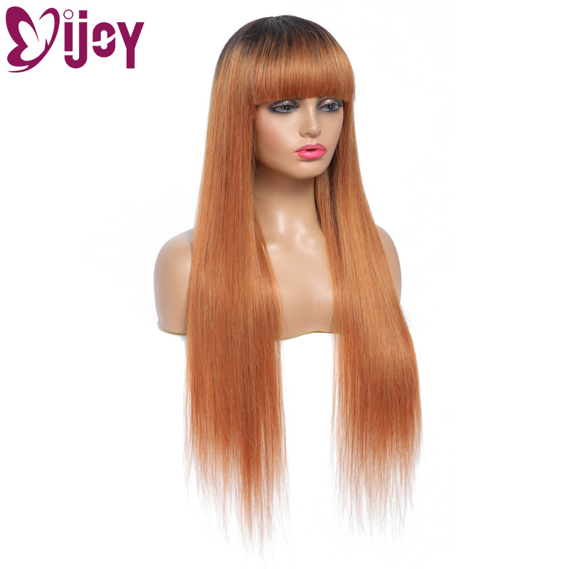 Straight Ombre Brown Brazilian Human Hair Wigs With Bangs